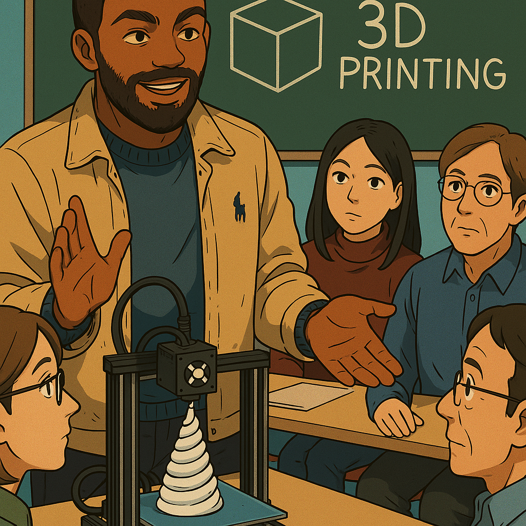Teacher demonstrating 3D printing to students