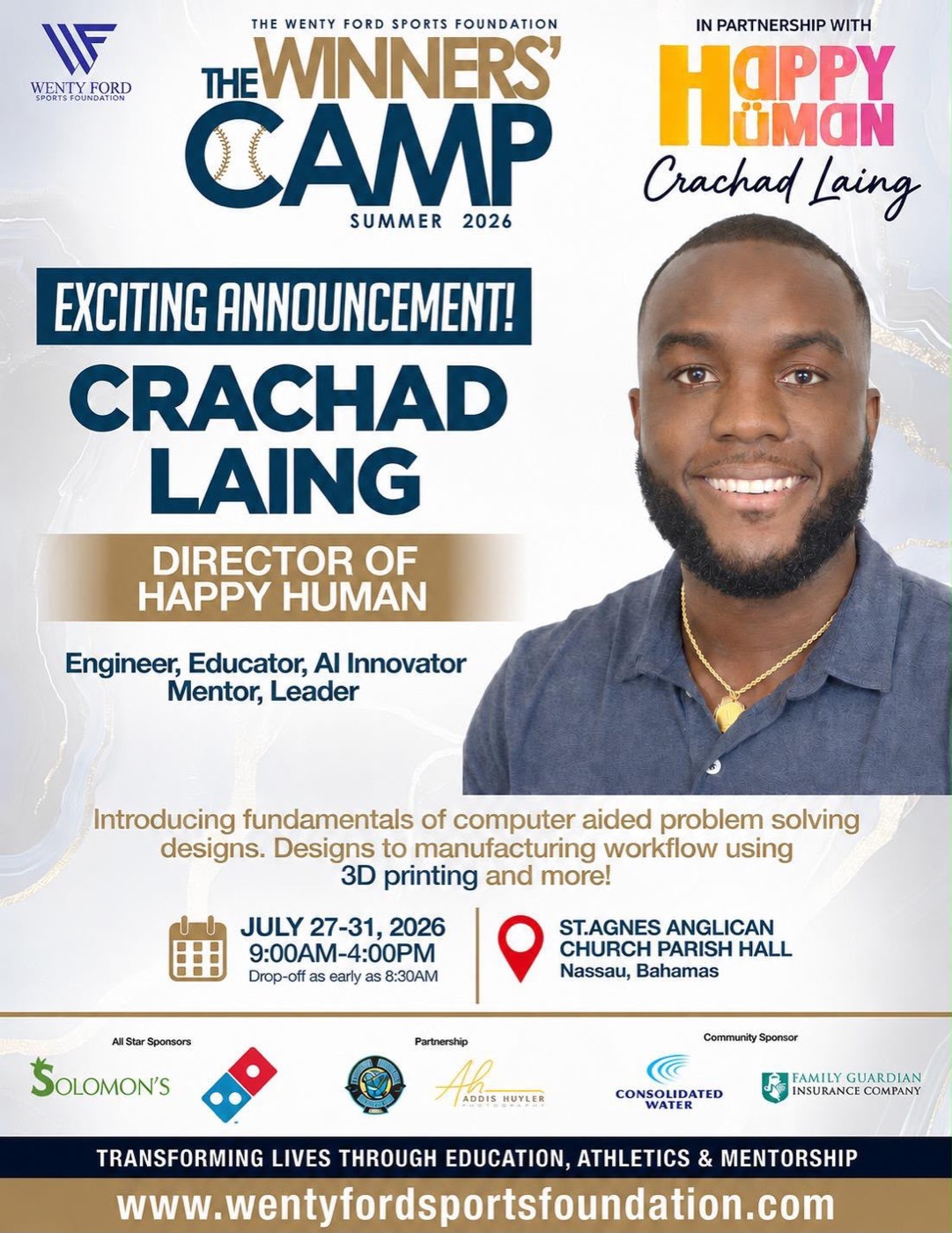 The Winners' Camp Summer 2026 flyer featuring Crachad Laing